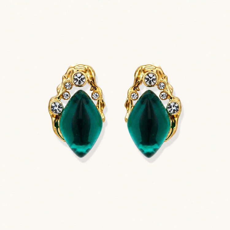 Gold-plated stud earrings featuring teardrop emerald green liuli stones with cubic zirconia crystal accents on white background.
