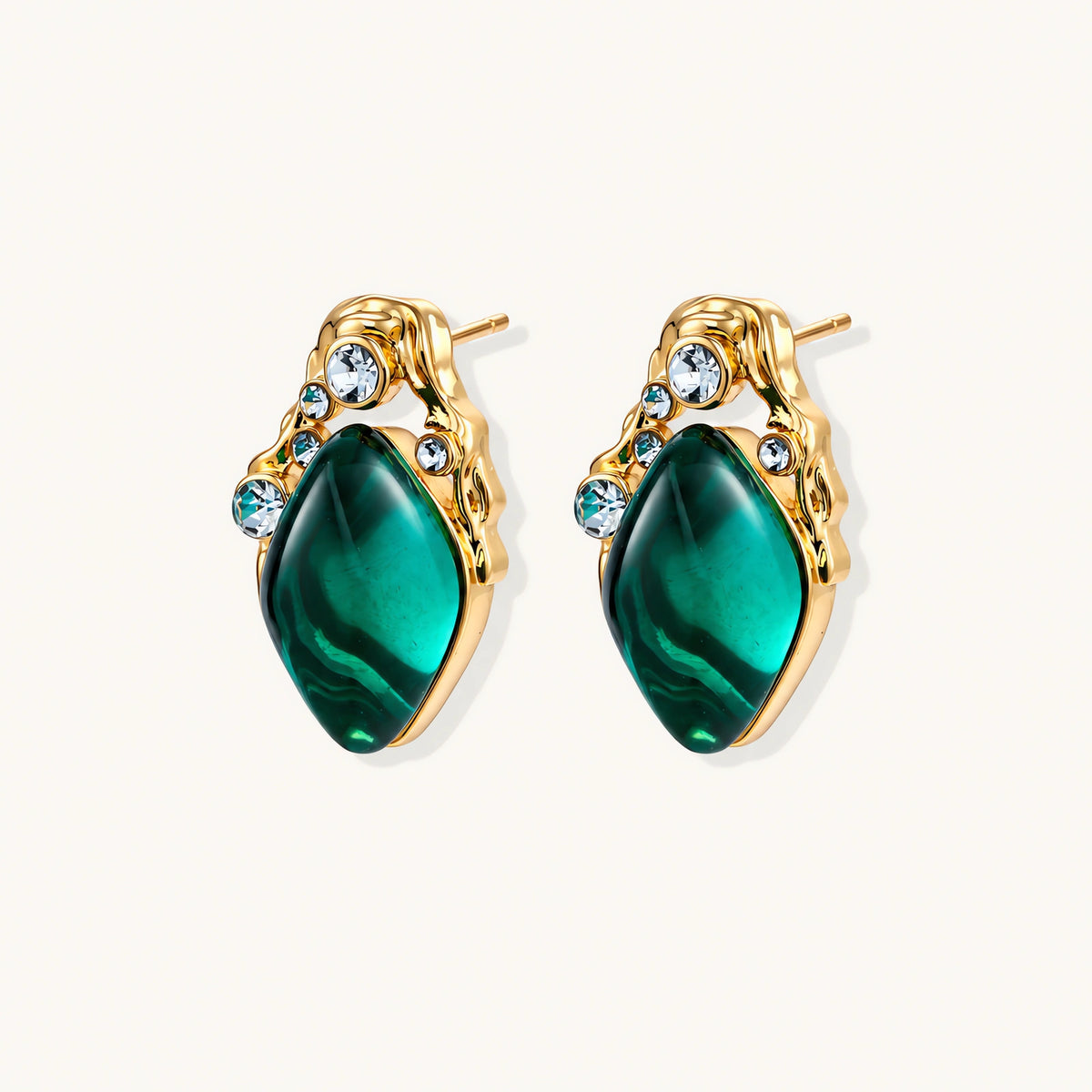 Gold-plated stud earrings featuring teardrop emerald green liuli stones with cubic zirconia crystal accents on white background.