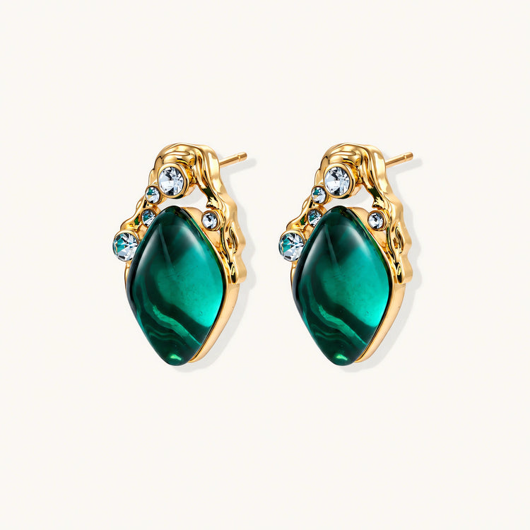 Gold-plated stud earrings featuring teardrop emerald green liuli stones with cubic zirconia crystal accents on white background.