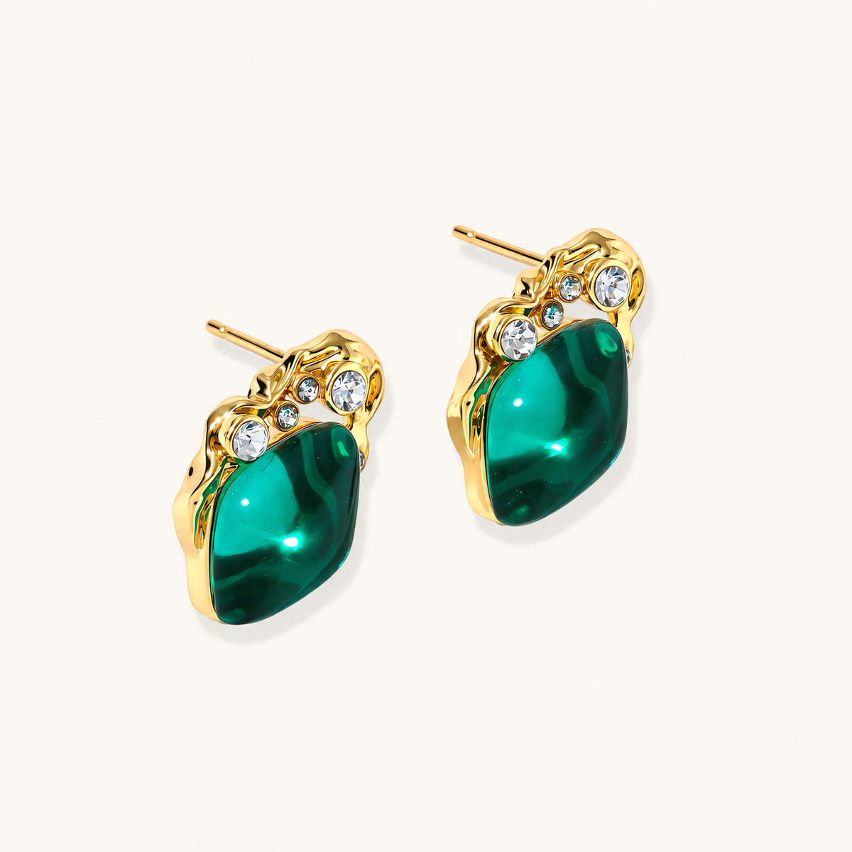 Gold-plated stud earrings featuring teardrop emerald green liuli stones with cubic zirconia crystal accents on white background.